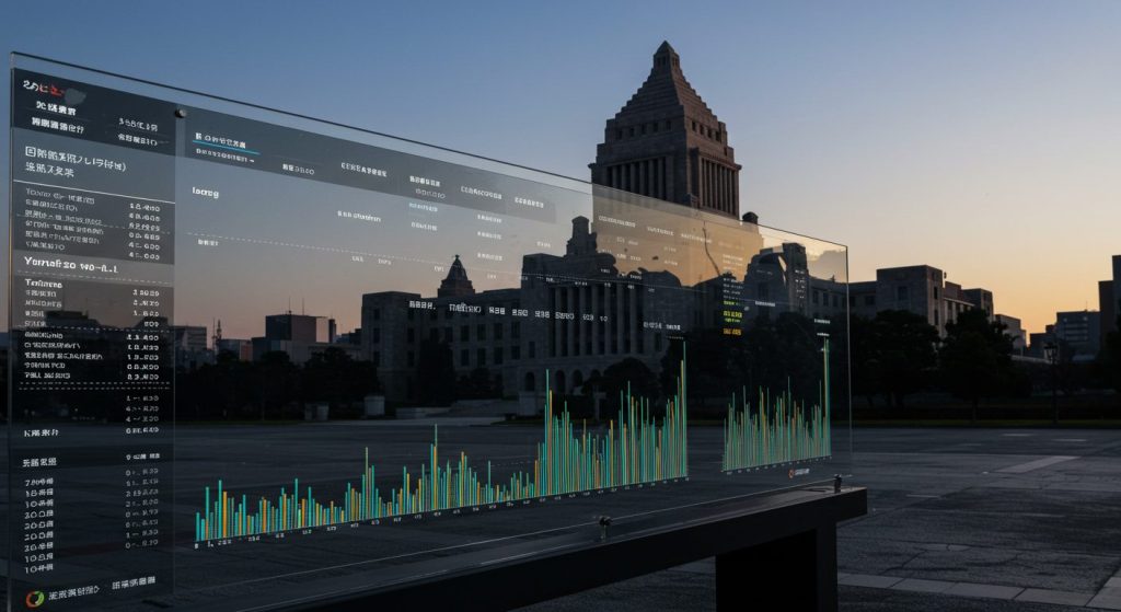 国会議事堂前に設置された透明なデータボードに、政治資金の入出金がリアルタイム表示されているイメージ。透明化と検証を象徴するビジュアル。